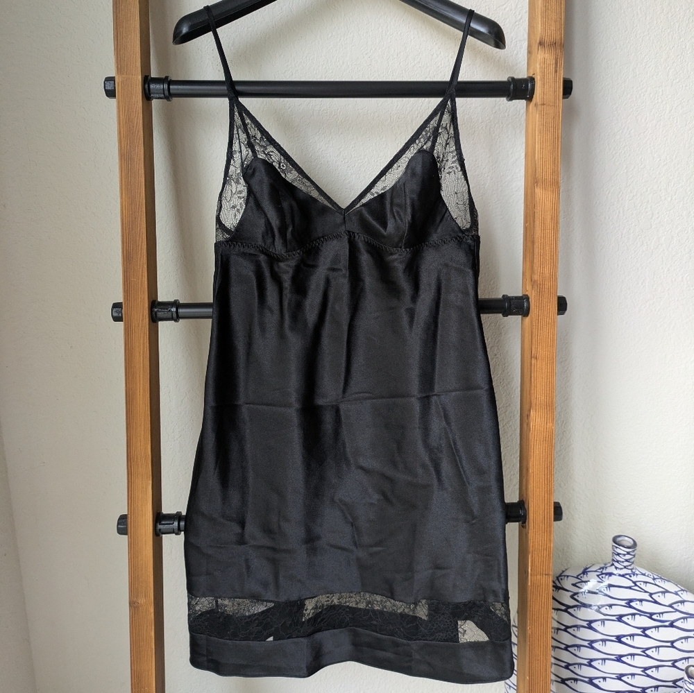 Victoria's Secret Black Satin Lace Chemise - Size S